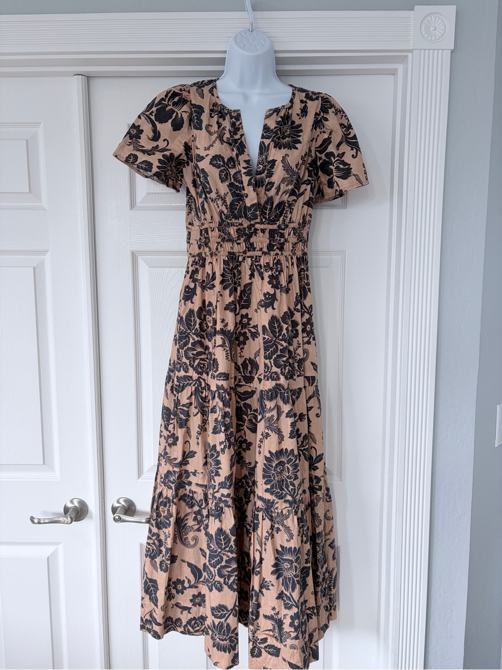Anthropologie Tan Floral Maxi Dress with Navy Print
